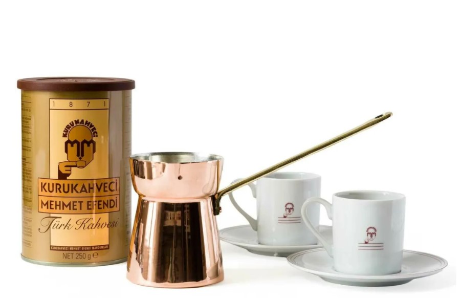Набор кофейный Kurukahveci Mehmet Efendi (кофе молотый + турка + 2 кофейных пары)