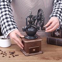 Кофемолка механическая, ручка с колесом, ретро, с деревянным поддоном